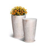 Set of 2 Tall Outdoor Planters 21" H, Round Large Planters for Front Porch and Patio, Stone Finish Flower Tree Plant Pots